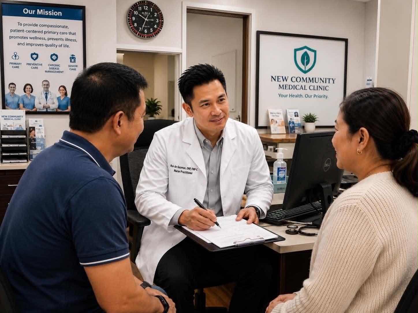 A nurse practitioner meeting with two patients at New Community Medical Clinic